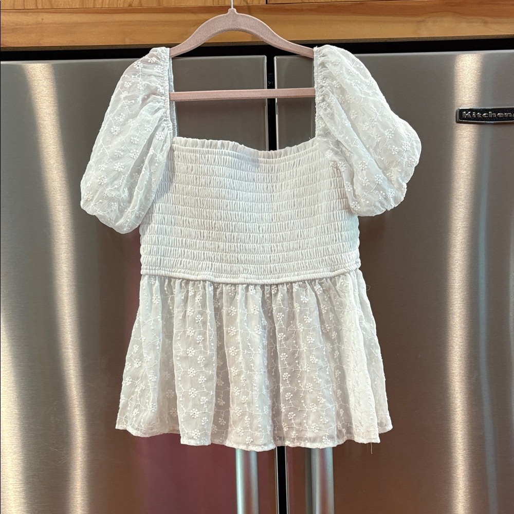 White Smocked Puff Sleeve TopSheer bottom Med